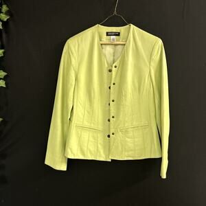 Jones New York Green Leather Jacket M Button Front Minimalist Classic Chic Women